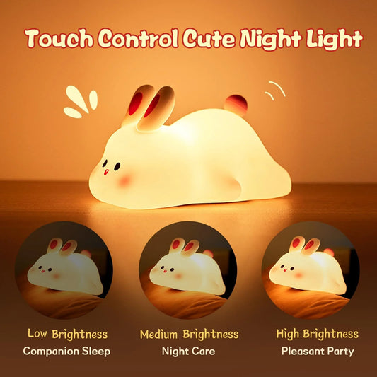 Veilleuse Lapin LED Tactile – Lampe Enfant en Silicone Doux, 3 Niveaux de Luminosité, Rechargeable USB, Minuterie Intelligente