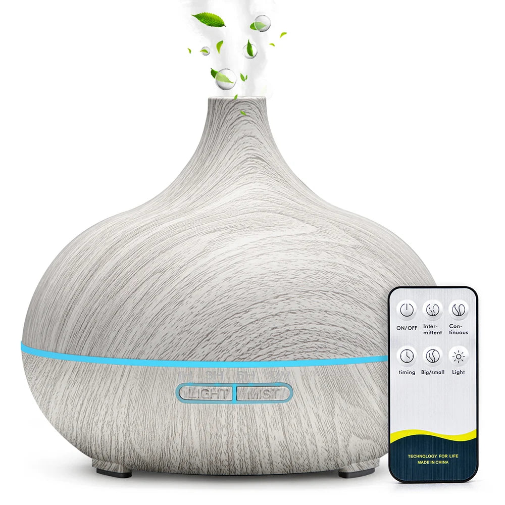 Diffuseur D'Huiles Essentielles D'Aromathérapie 500ML, Humidificateur D'Air Ultrasonique Avec Télécommande, Grain De Bois, Frais Avec 7 Lumières LED Colorées