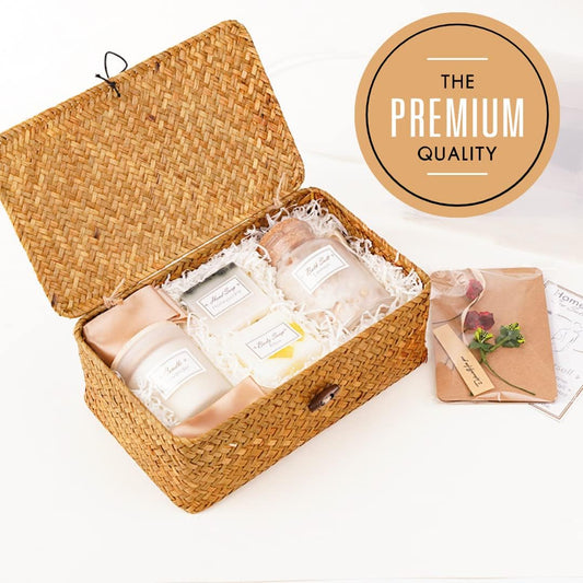 Coffret Cadeau Femme Premium – Soin du Corps & Bien-Être – Panier Tressé Réutilisable + Carte Personnalisable