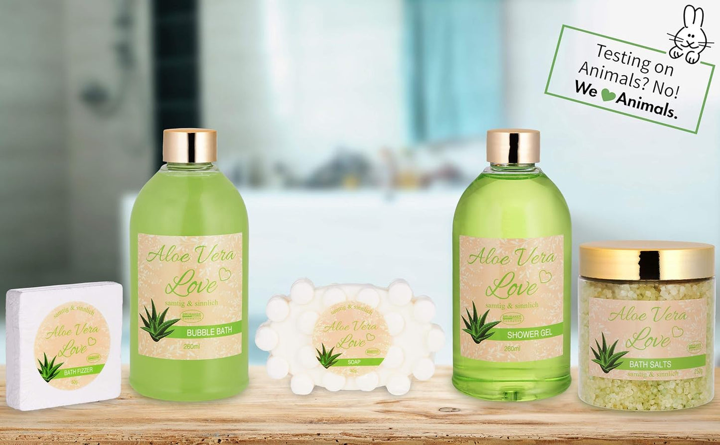 Coffret Bain Aloe Vera – 6 Pièces – Baignoire Décorative Doré/Vert – Cadeau Bien-Être Femme