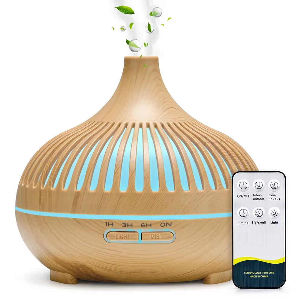 Diffuseur D'Huiles Essentielles D'Aromathérapie 500ML, Humidificateur D'Air Ultrasonique Avec Télécommande, Grain De Bois, Frais Avec 7 Lumières LED Colorées