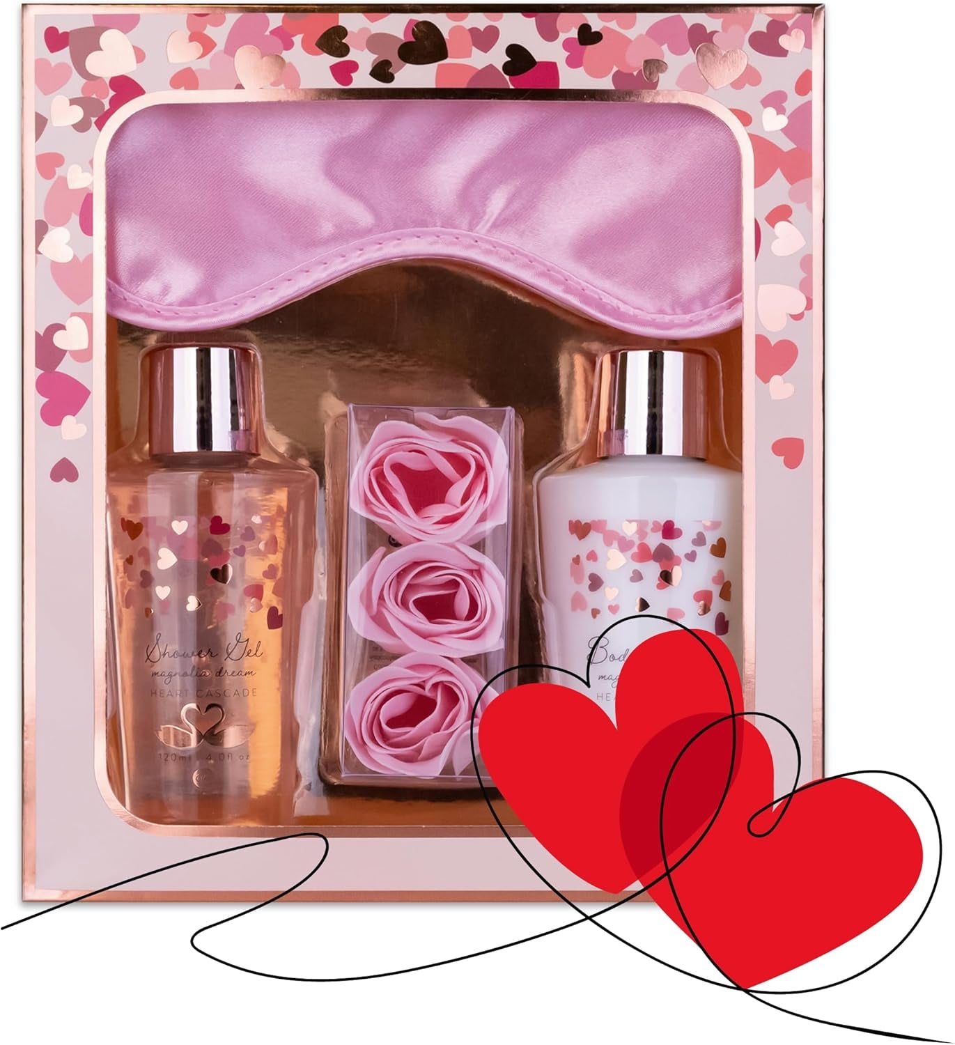 Coffret bain Heart Cascade â Gel douche, lait corporel, confettis de bain et masque de sommeil