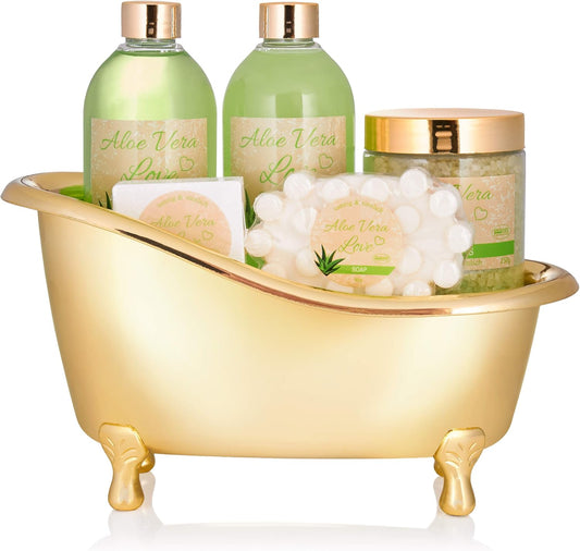 Coffret Bain Aloe Vera – 6 Pièces – Baignoire Décorative Doré/Vert – Cadeau Bien-Être Femme