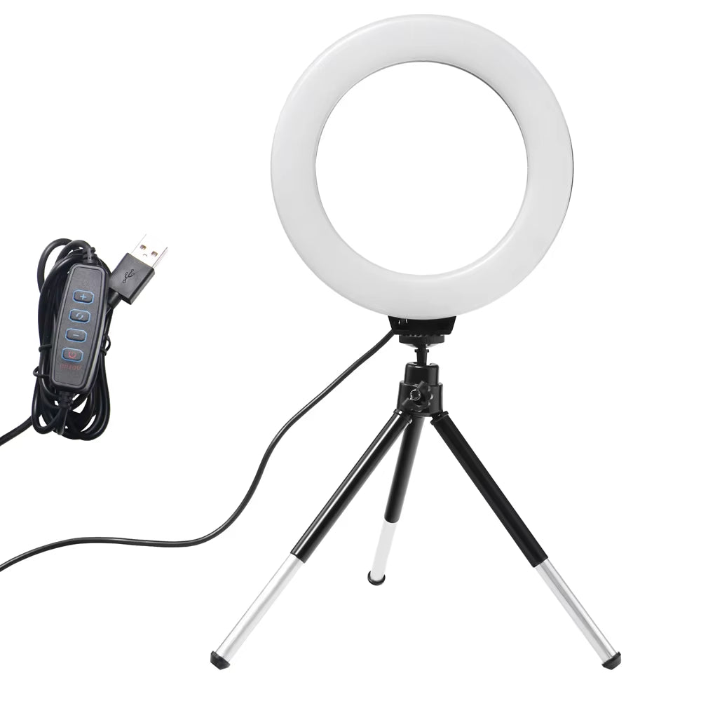 Lampe Selfie LED 6’’ – Anneau Lumineux avec Trépied et Port USB, Éclairage Réglable pour Créateurs, Bureau ou Maquillage