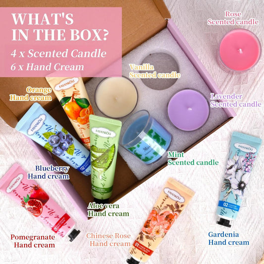 Coffret Cadeau 4 Bougies Parfumées Et 6 Crèmes Pour Les Mains