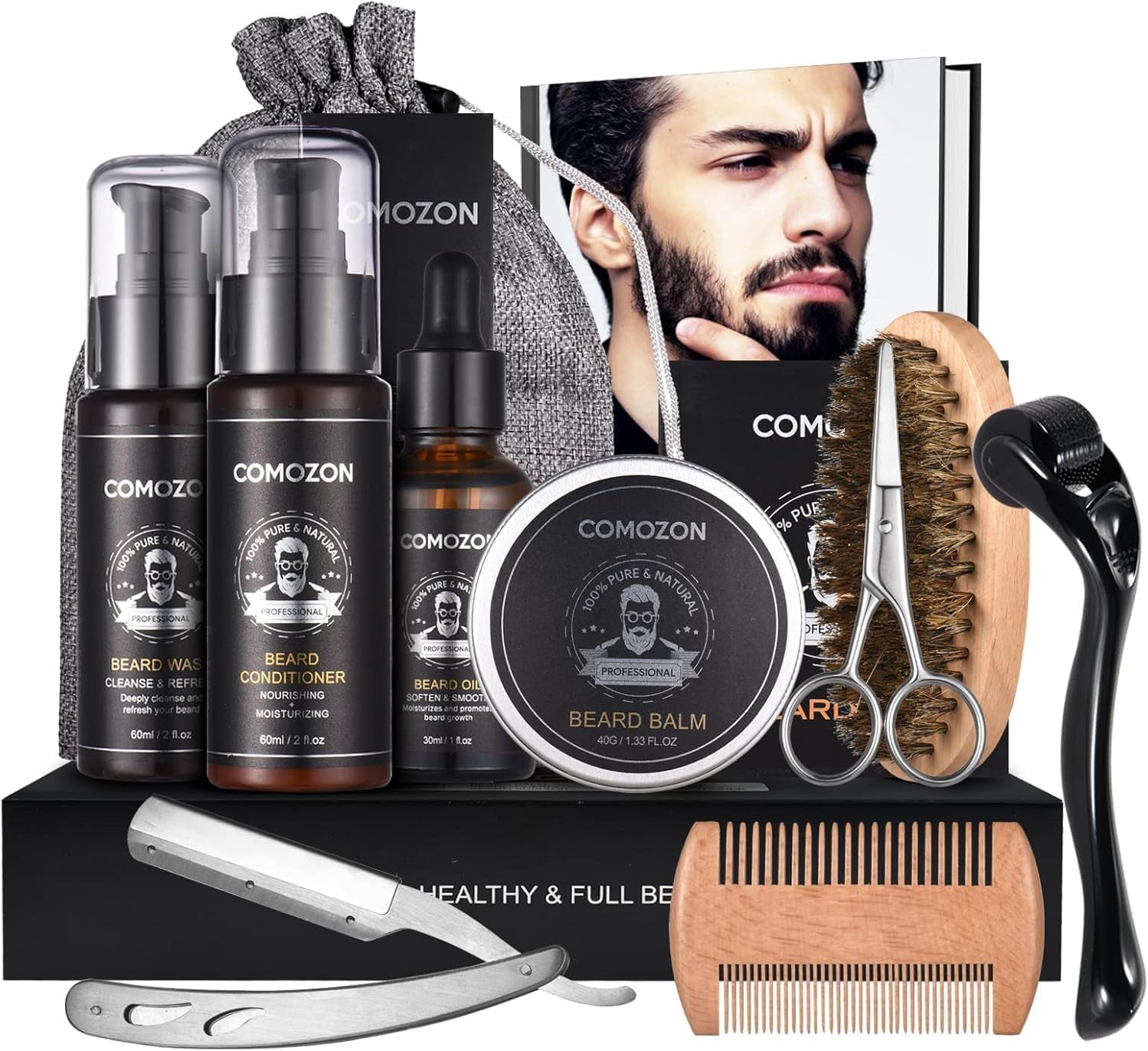 Kit complet de soins barbe 12 en 1 – huile, shampoing, brosse et accessoires pour une barbe soignée