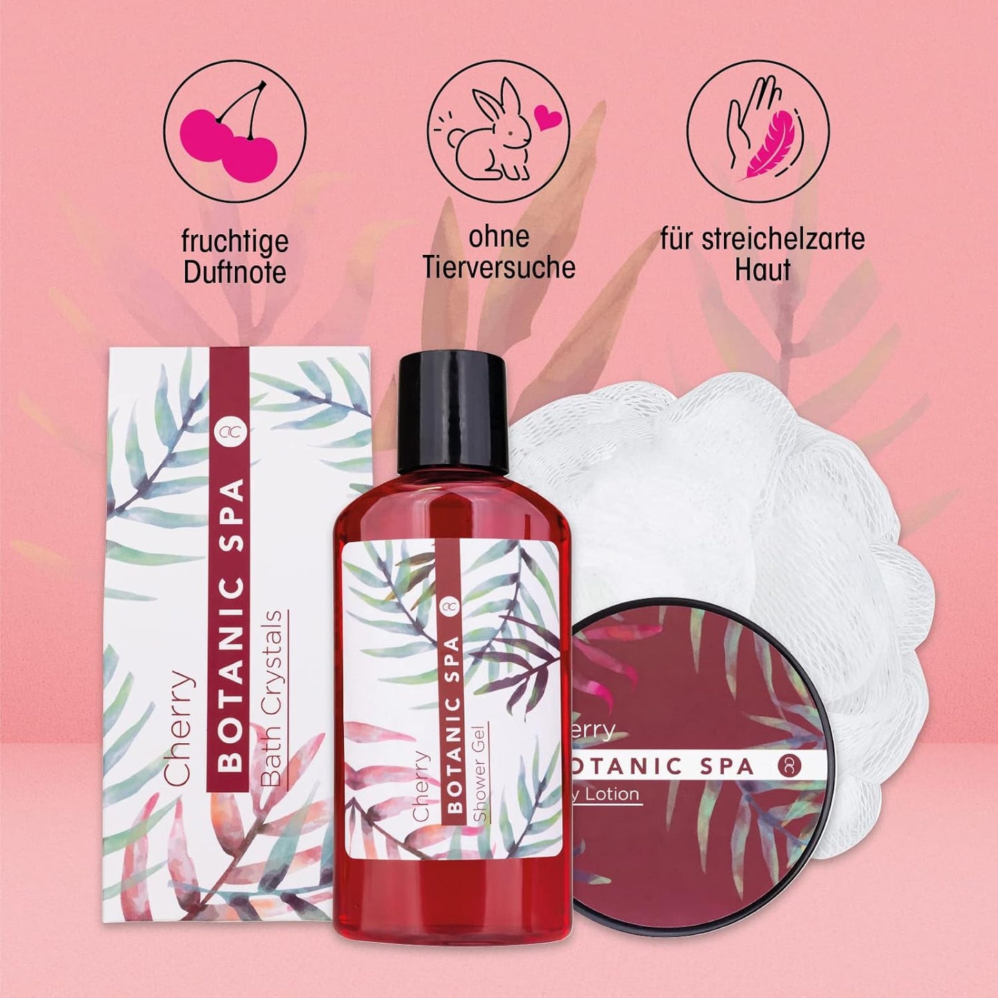 Coffret spa cerise – 4 pièces pour femme avec gel douche, sels de bain et lotion