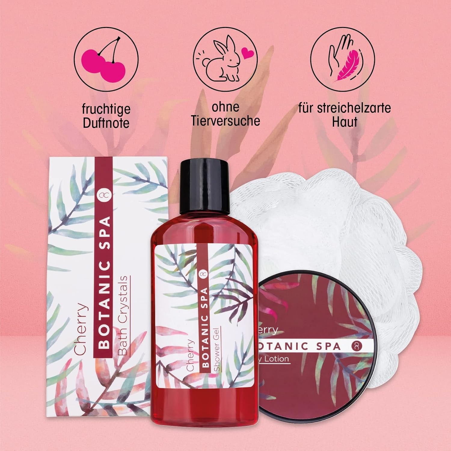 Coffret spa cerise – 4 pièces pour femme avec gel douche, sels de bain et lotion