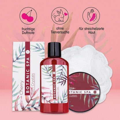Coffret spa cerise – 4 pièces pour femme avec gel douche, sels de bain et lotion