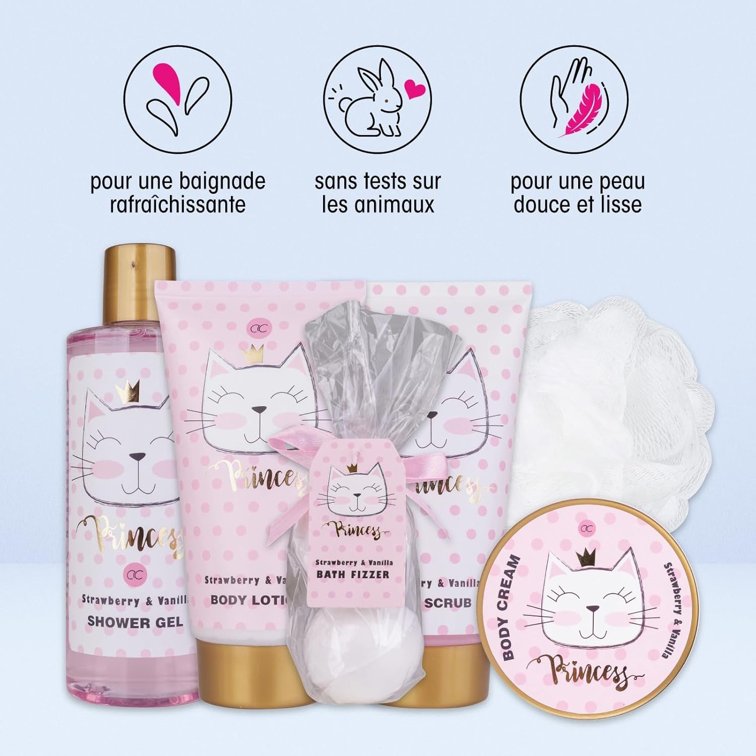 Coffret Bain Princess Kitty – Kit Douche 7 Pièces Fraise & Vanille – Cadeau Fille, Enfant & Adolescente