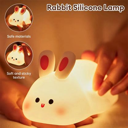 Veilleuse Lapin LED Tactile – Lampe Enfant en Silicone Doux, 3 Niveaux de Luminosité, Rechargeable USB, Minuterie Intelligente
