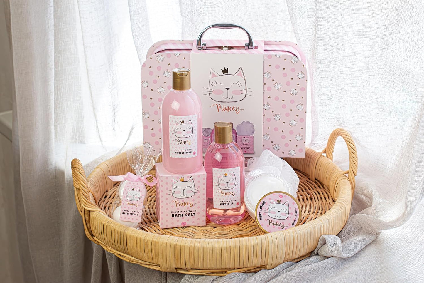 Coffret Bain Princess Kitty – Kit Douche 7 Pièces Fraise & Vanille – Cadeau Fille, Enfant & Adolescente