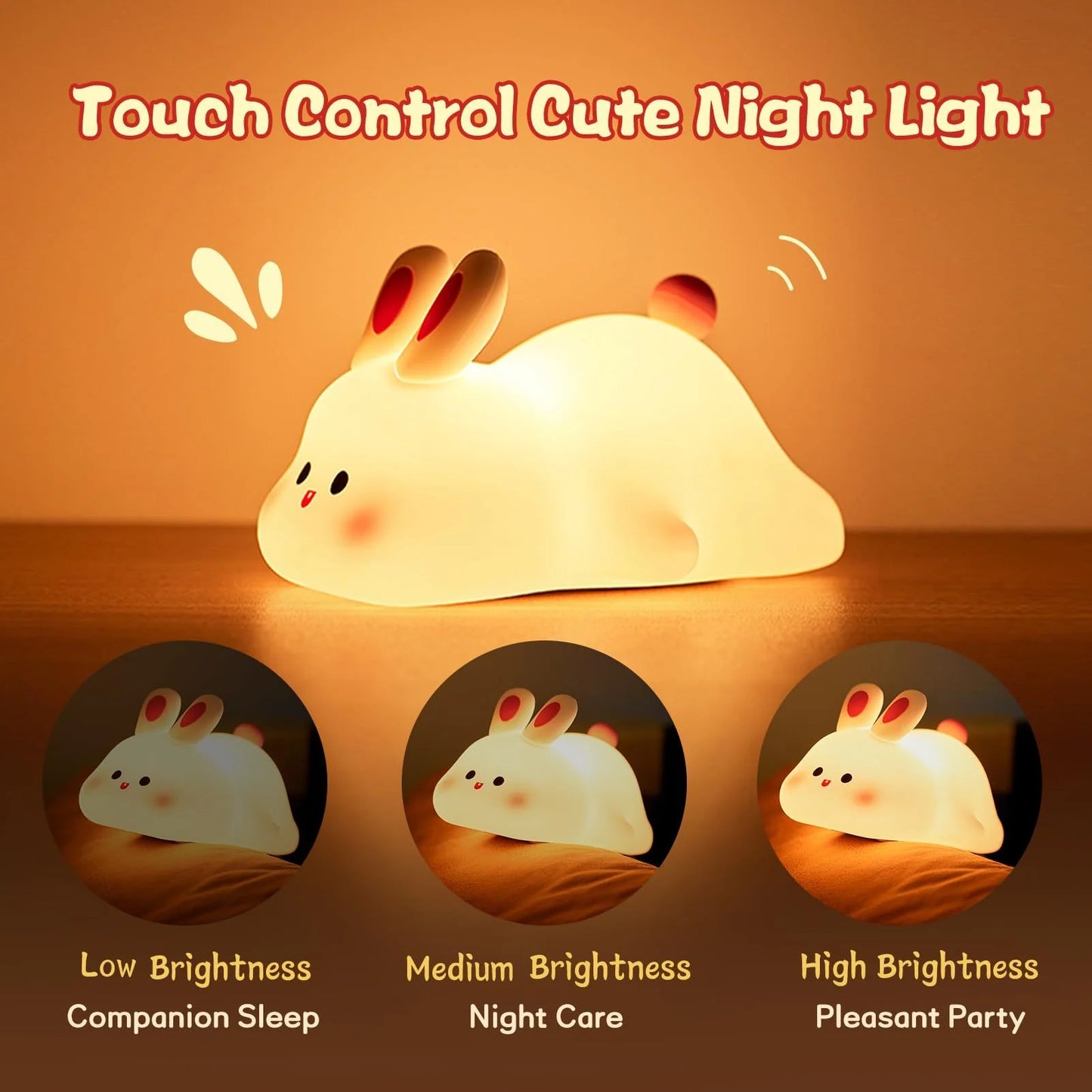 Veilleuse Lapin LED Tactile – Lampe Enfant en Silicone Doux, 3 Niveaux de Luminosité, Rechargeable USB, Minuterie Intelligente
