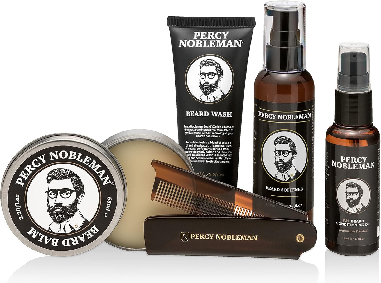 Percy Nobleman – Kit Complet Soin Barbe – Adoucissant, Huile, Baume, Shampoing & Peigne Pliable – Coffret Idéal Pour Homme