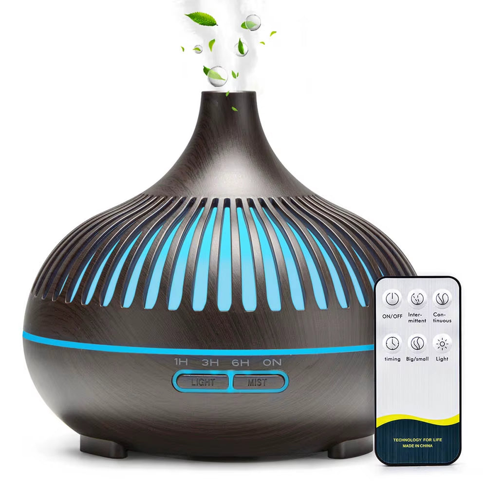 Diffuseur D'Huiles Essentielles D'Aromathérapie 500ML, Humidificateur D'Air Ultrasonique Avec Télécommande, Grain De Bois, Frais Avec 7 Lumières LED Colorées