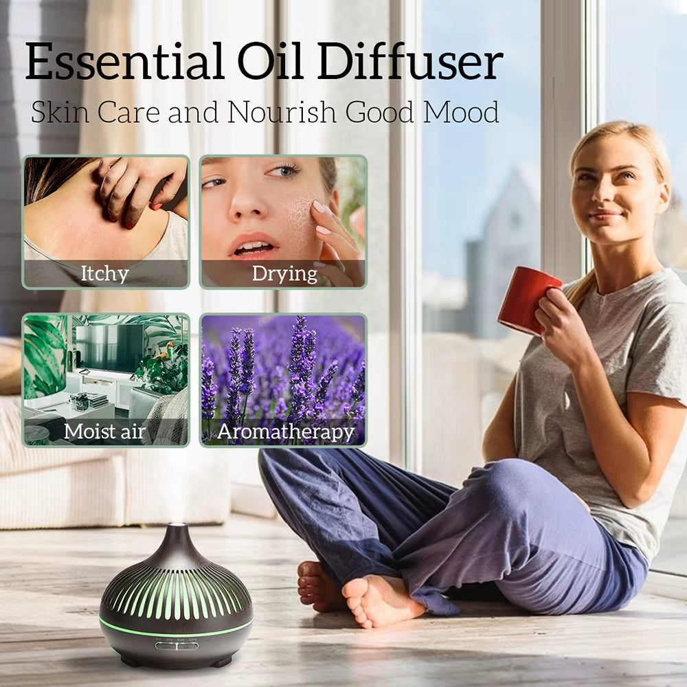 Diffuseur D'Huiles Essentielles D'Aromathérapie 500ML, Humidificateur D'Air Ultrasonique Avec Télécommande, Grain De Bois, Frais Avec 7 Lumières LED Colorées