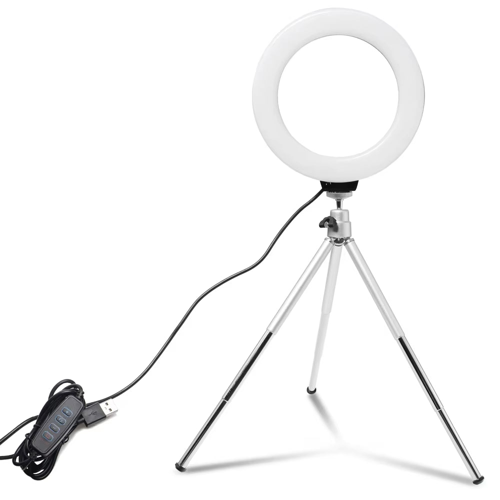 Lampe Selfie LED 6’’ – Anneau Lumineux avec Trépied et Port USB, Éclairage Réglable pour Créateurs, Bureau ou Maquillage