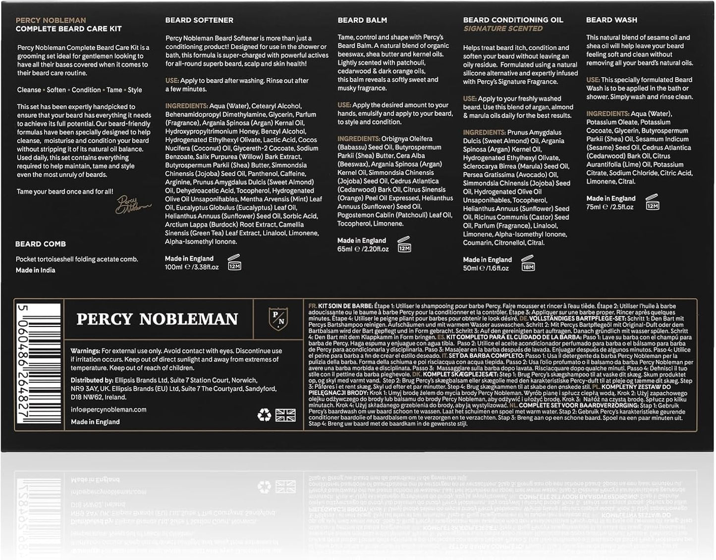 Percy Nobleman – Kit Complet Soin Barbe – Adoucissant, Huile, Baume, Shampoing & Peigne Pliable – Coffret Idéal Pour Homme