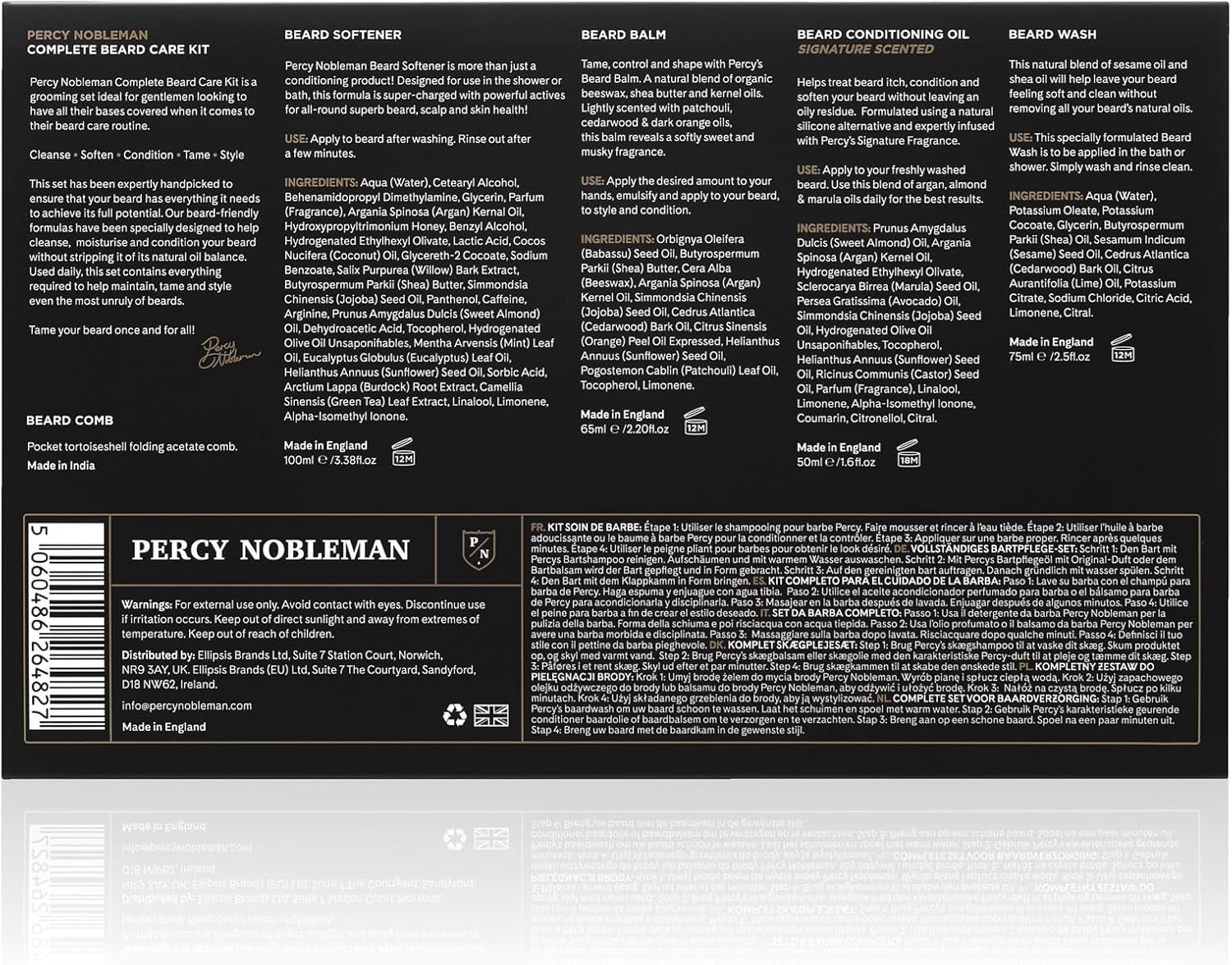 Percy Nobleman – Kit Complet Soin Barbe – Adoucissant, Huile, Baume, Shampoing & Peigne Pliable – Coffret Idéal Pour Homme
