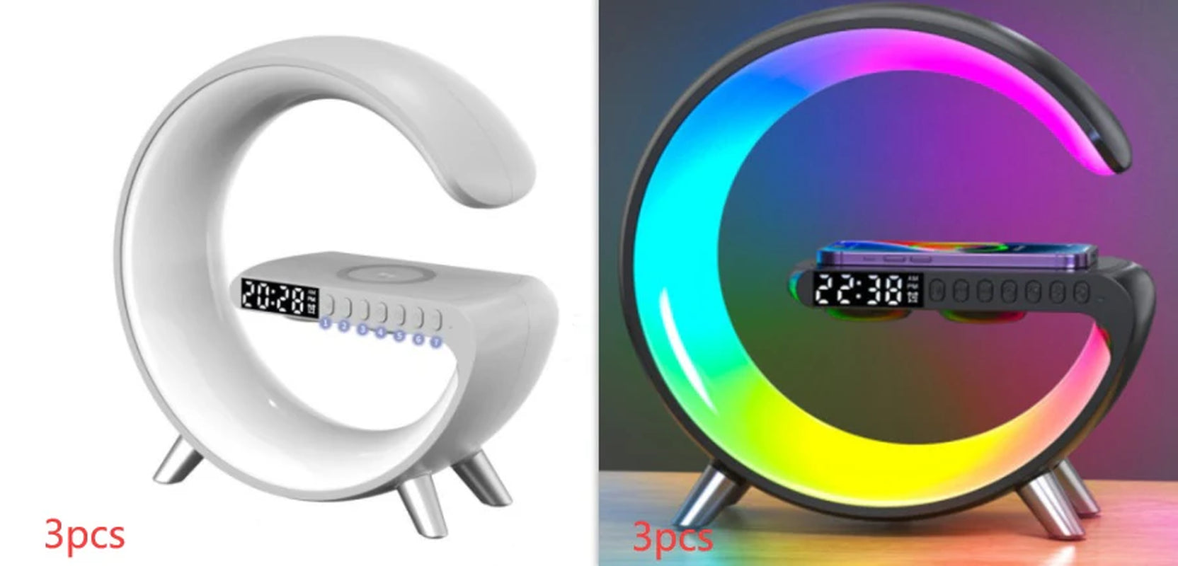 Lampe LED Intelligente en Forme de G – Lumière Connectée avec Haut-Parleur Bluetooth, Réveil, Contrôle via Application & Chargeur Sans Fil 15W