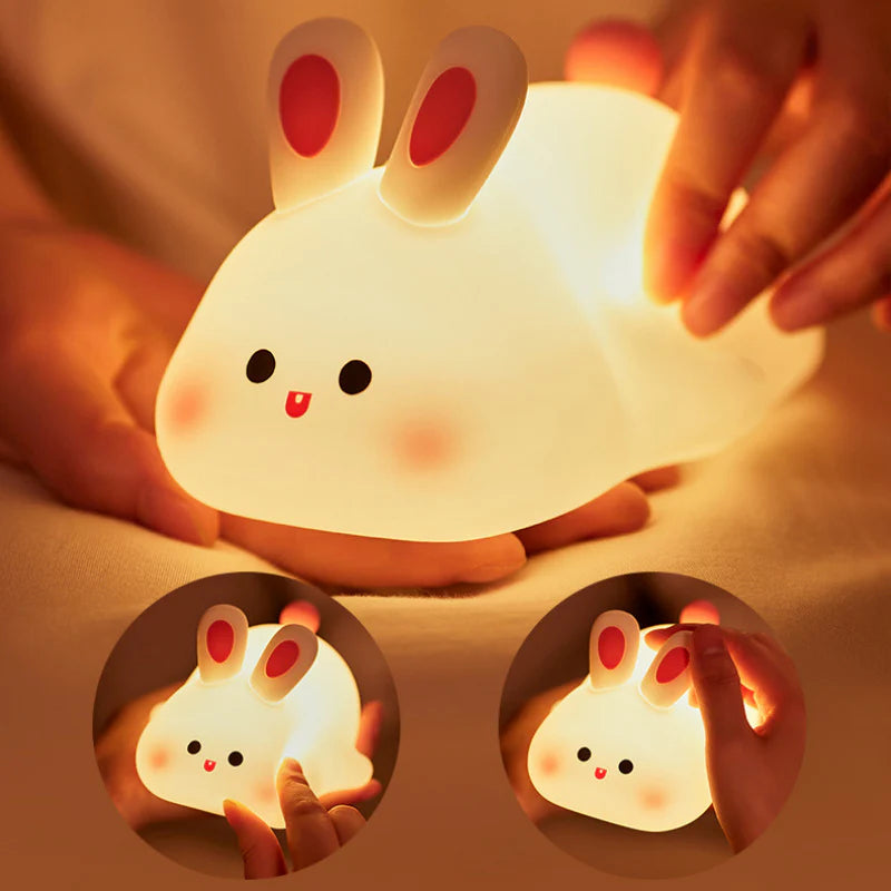 Veilleuse Lapin LED Tactile – Lampe Enfant en Silicone Doux, 3 Niveaux de Luminosité, Rechargeable USB, Minuterie Intelligente
