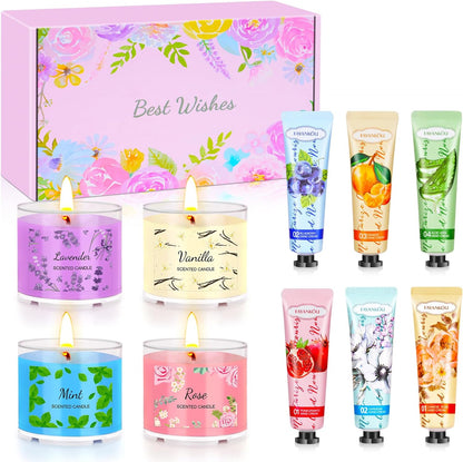 Coffret Cadeau 4 Bougies Parfumées Et 6 Crèmes Pour Les Mains 
