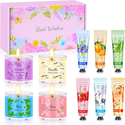 Coffret Cadeau 4 Bougies Parfumées Et 6 Crèmes Pour Les Mains 