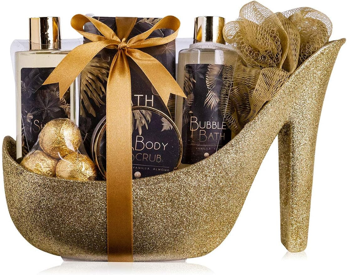 Coffret Bain de Luxe en Escarpins Pailletés Dorés – Gel Douche, Lait Corps, Sels & Gommage – Idée Cadeau Femme