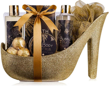 Coffret Bain de Luxe en Escarpins Pailletés Dorés – Gel Douche, Lait Corps, Sels & Gommage – Idée Cadeau Femme