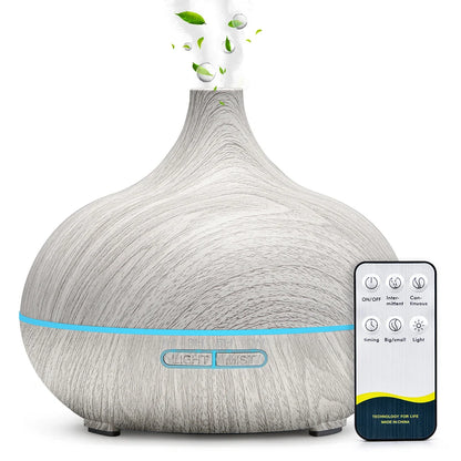 Diffuseur D'Huiles Essentielles D'Aromathérapie 500ML, Humidificateur D'Air Ultrasonique Avec Télécommande, Grain De Bois, Frais Avec 7 Lumières LED Colorées