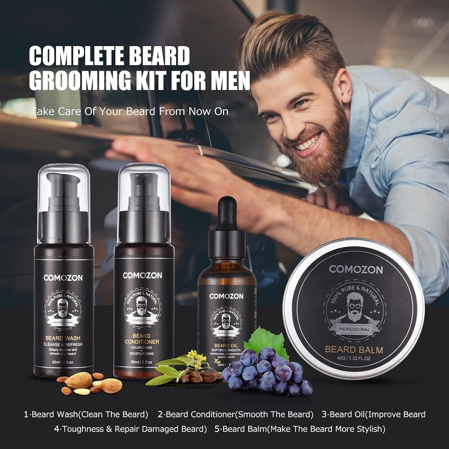 Kit complet de soins barbe 12 en 1 – huile, shampoing, brosse et accessoires pour une barbe soignée