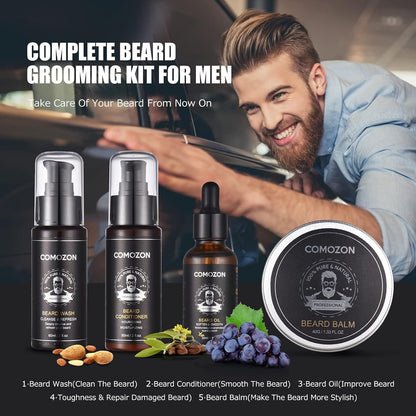 Kit complet de soins barbe 12 en 1 – huile, shampoing, brosse et accessoires pour une barbe soignée