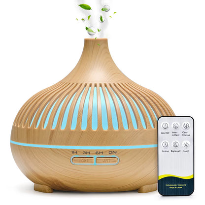 Diffuseur D'Huiles Essentielles D'Aromathérapie 500ML, Humidificateur D'Air Ultrasonique Avec Télécommande, Grain De Bois, Frais Avec 7 Lumières LED Colorées