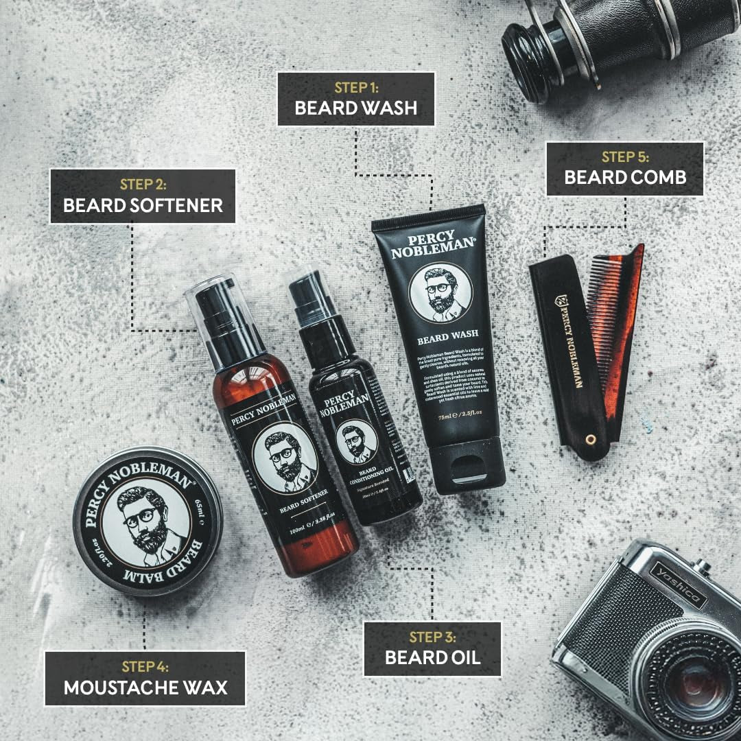 Percy Nobleman – Kit Complet Soin Barbe – Adoucissant, Huile, Baume, Shampoing & Peigne Pliable – Coffret Idéal Pour Homme