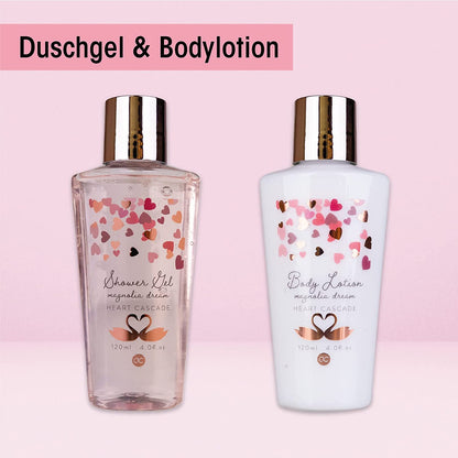 Coffret bain Heart Cascade – Gel douche, lait corporel, confettis de bain et masque de sommeil