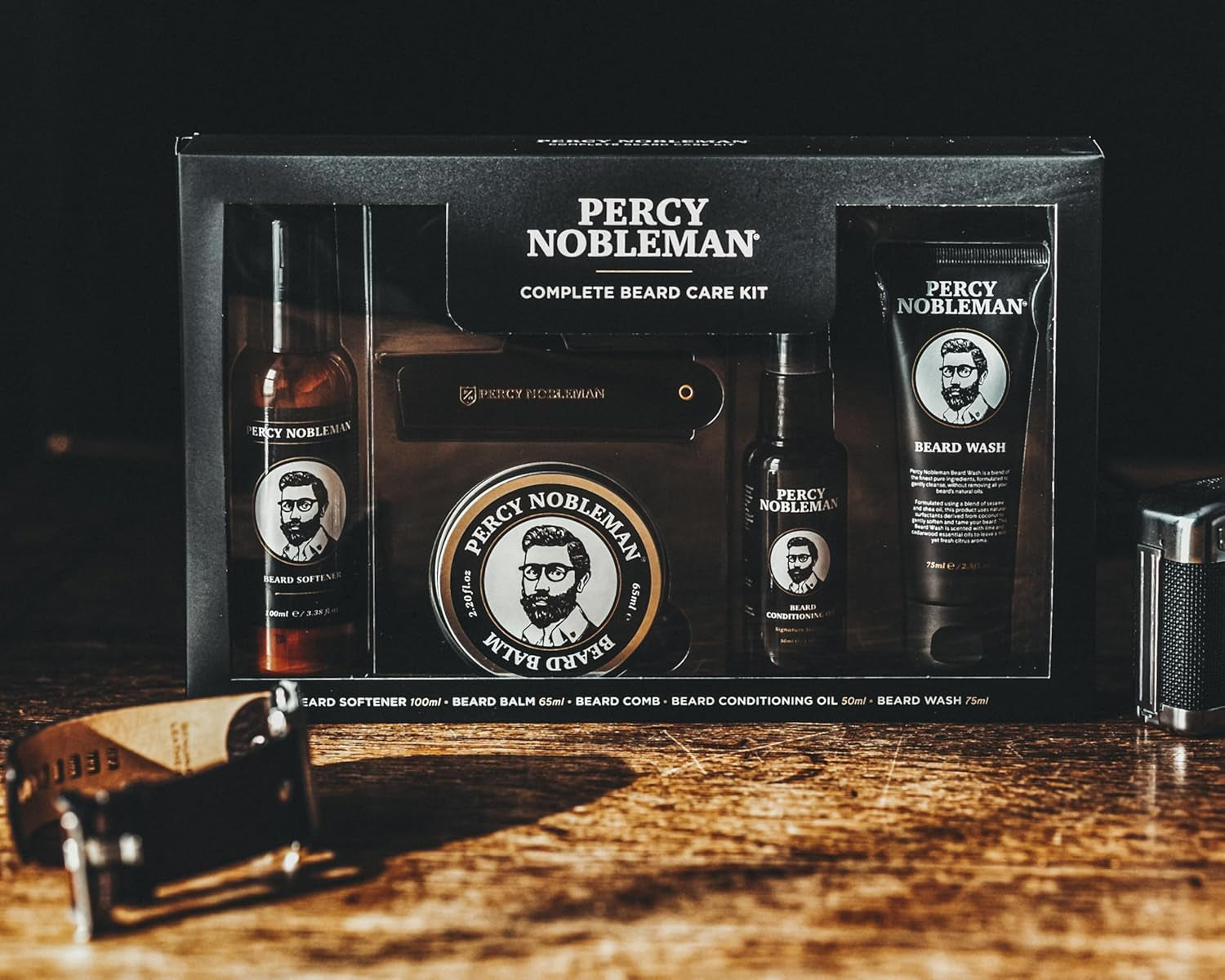 Percy Nobleman – Kit Complet Soin Barbe – Adoucissant, Huile, Baume, Shampoing & Peigne Pliable – Coffret Idéal Pour Homme