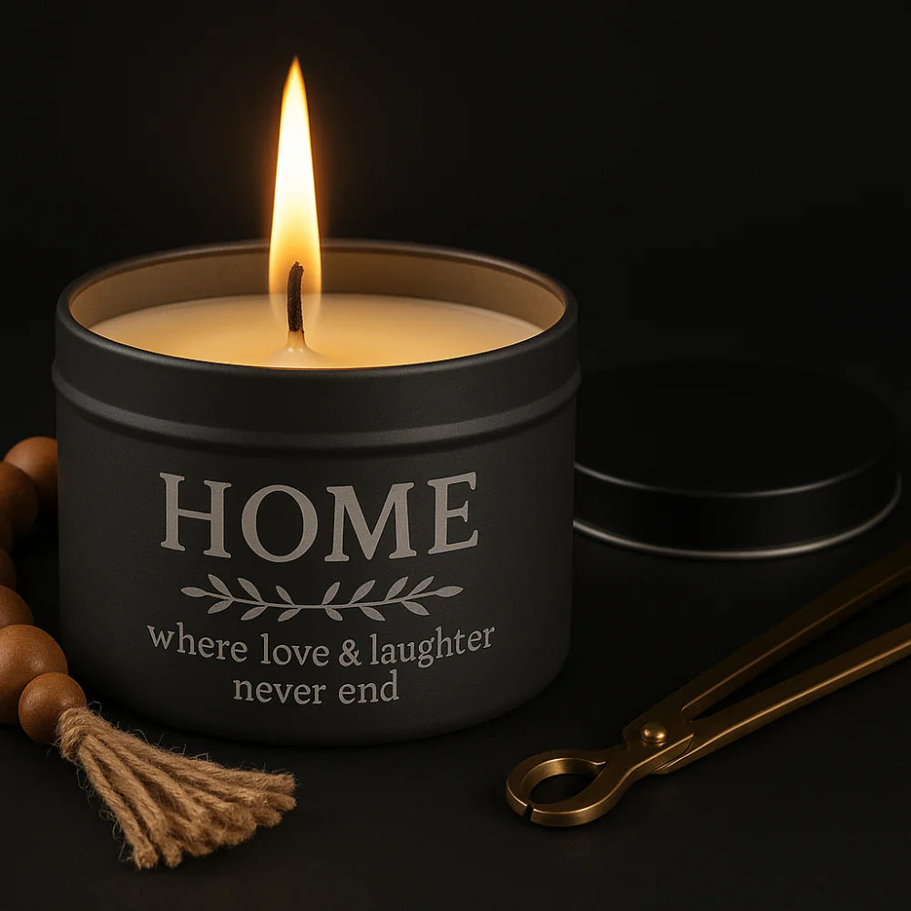 Bougie Parfumée en Boîte Métal Noire – Lin Français, Pivoine Rose ou Pin Français – Cire de Soja Naturelle – Ambiance Chic & Relaxante