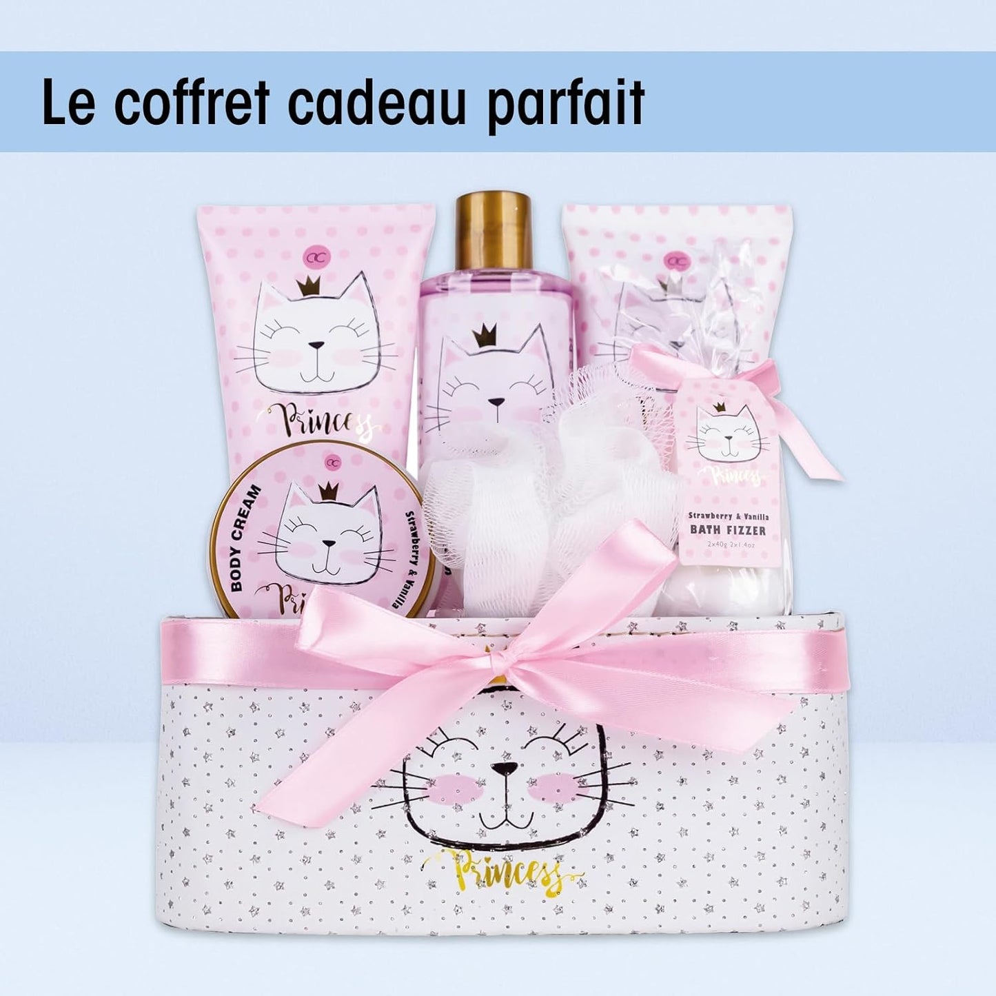 Coffret Bain Princess Kitty – Kit Douche 7 Pièces Fraise & Vanille – Cadeau Fille, Enfant & Adolescente