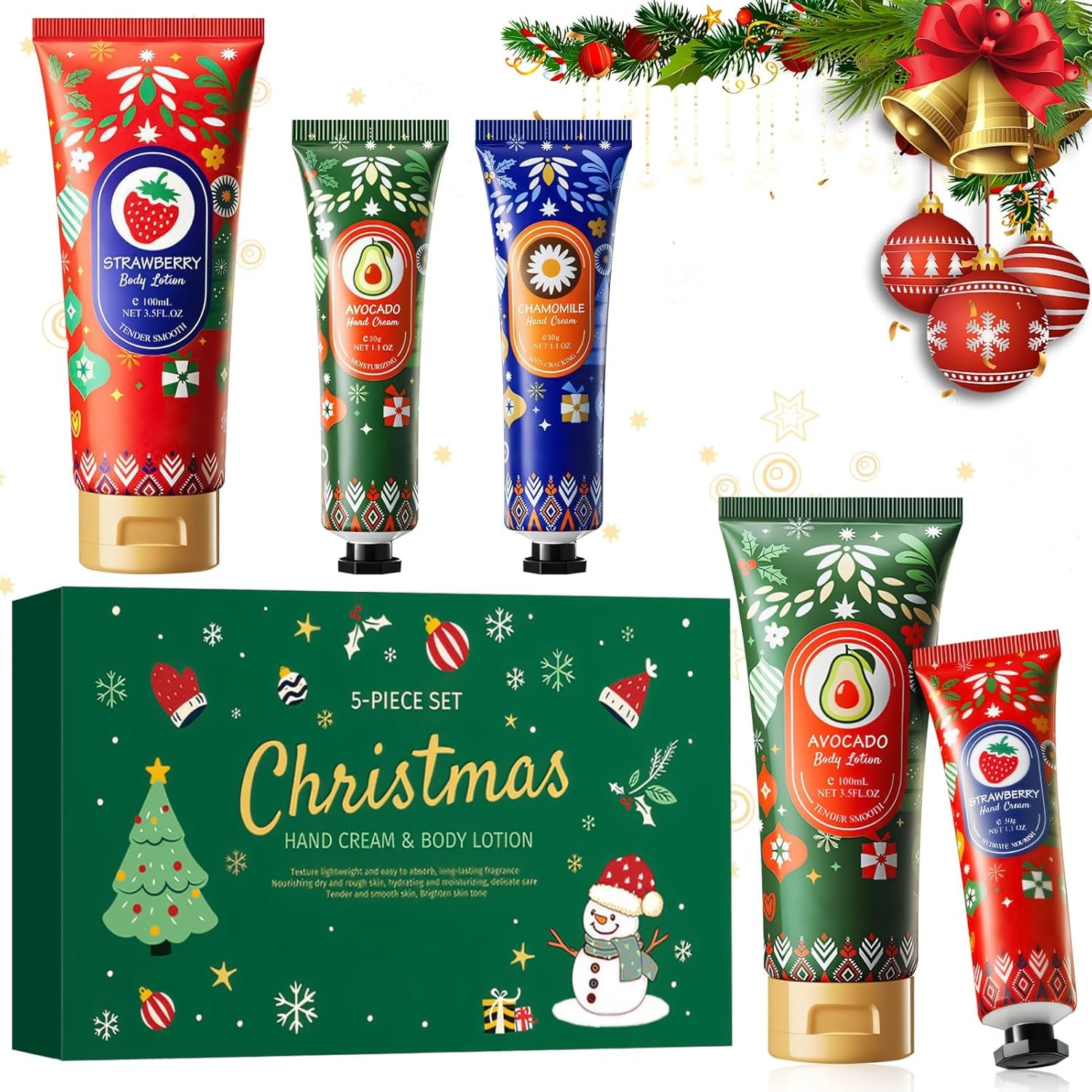 Coffret Noël Crèmes Mains & Corps – 5 Parfums Festifs – 3 Crèmes Mains + 2 Lotions Corps – Idée Cadeau Femme Hiver