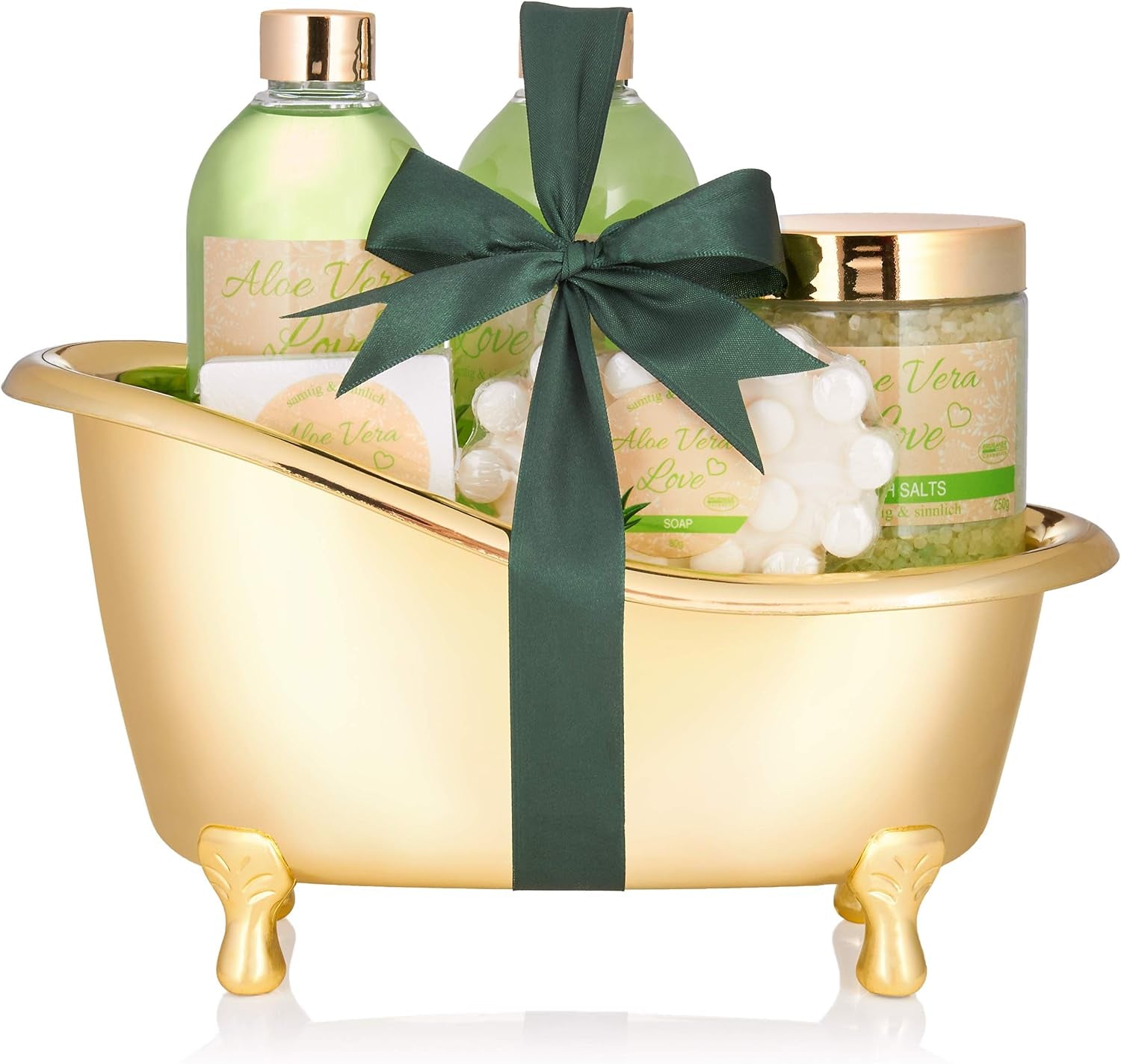 Coffret Bain Aloe Vera – 6 Pièces – Baignoire Décorative Doré/Vert – Cadeau Bien-Être Femme