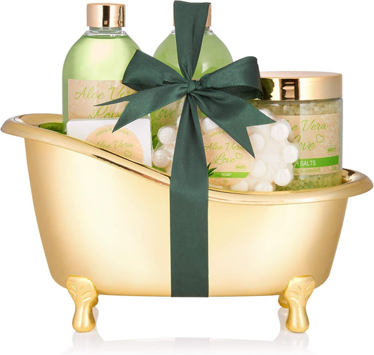 Coffret Bain Aloe Vera – 6 Pièces – Baignoire Décorative Doré/Vert – Cadeau Bien-Être Femme