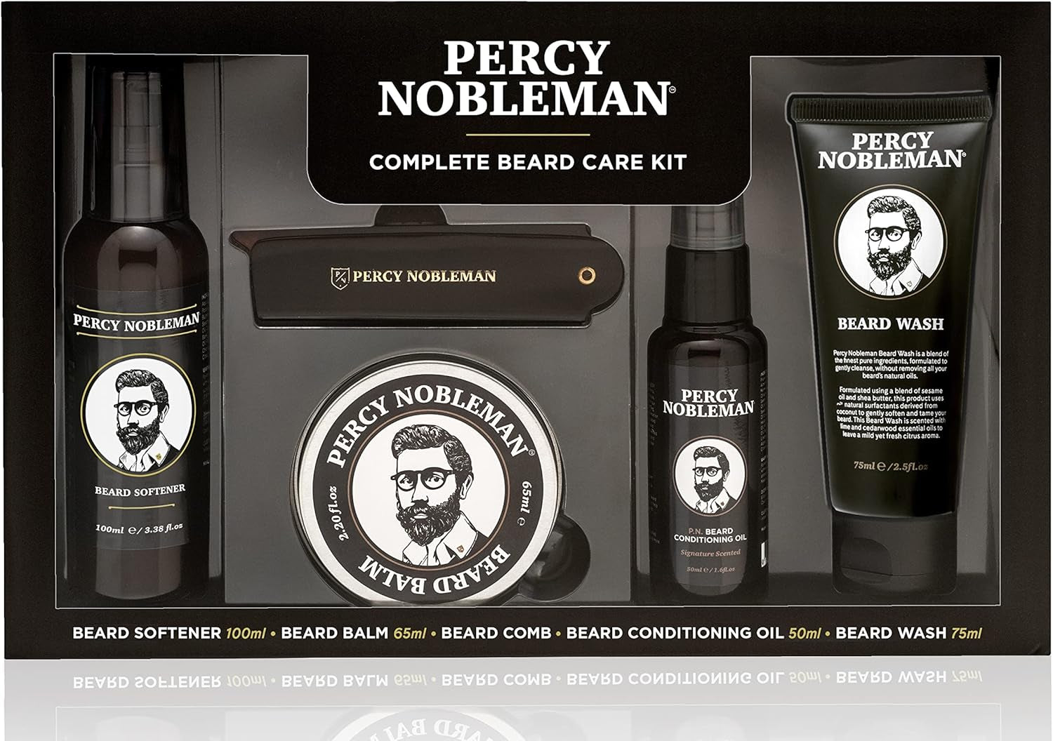 Percy Nobleman – Kit Complet Soin Barbe – Adoucissant, Huile, Baume, Shampoing & Peigne Pliable – Coffret Idéal Pour Homme
