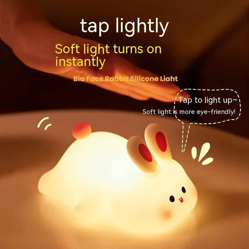 Veilleuse Lapin LED Tactile – Lampe Enfant en Silicone Doux, 3 Niveaux de Luminosité, Rechargeable USB, Minuterie Intelligente