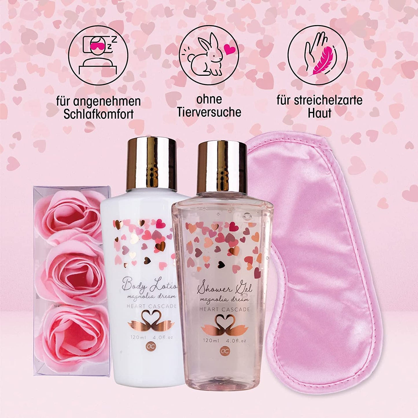 Coffret bain Heart Cascade – Gel douche, lait corporel, confettis de bain et masque de sommeil