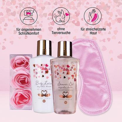 Coffret bain Heart Cascade – Gel douche, lait corporel, confettis de bain et masque de sommeil