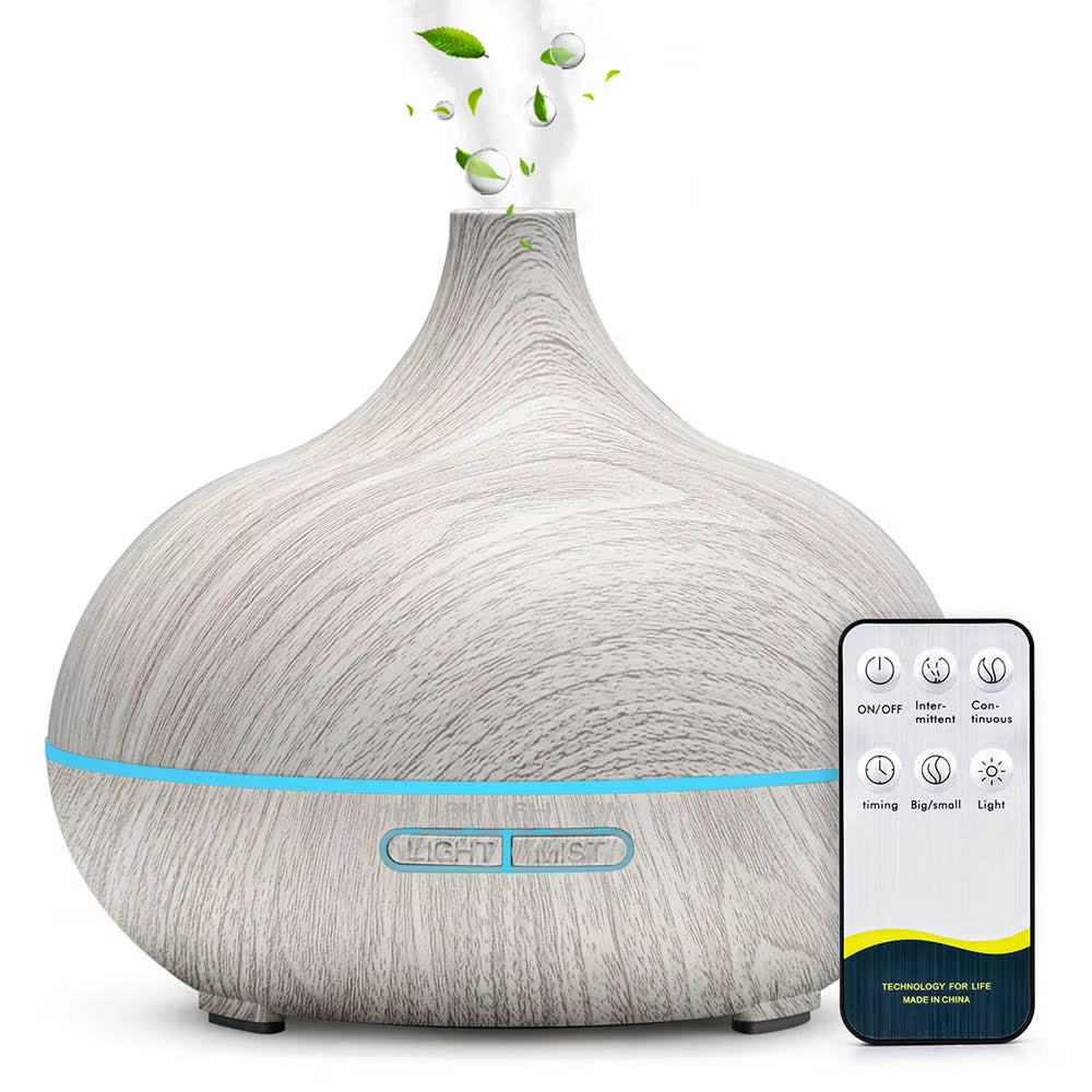 Diffuseur D'Huiles Essentielles D'Aromathérapie 500ML, Humidificateur D'Air Ultrasonique Avec Télécommande, Grain De Bois, Frais Avec 7 Lumières LED Colorées