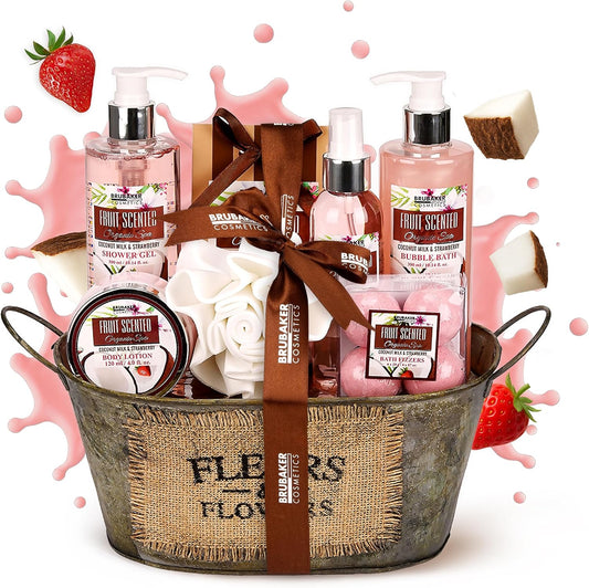 Coffret Bain & Douche – Noix de Coco & Fraise – 11 Pièces – Bassine Vintage Décorative – Idée Cadeau Femme