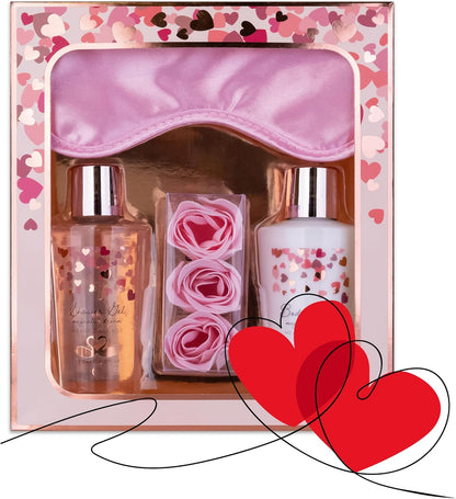 Coffret bain Heart Cascade – Gel douche, lait corporel, confettis de bain et masque de sommeil