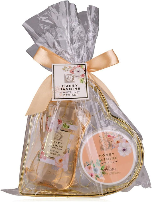 Set De Soins Corporels Cadeau De Douche Pour Femmes HONEY JASMINE Dans Un Joli Panier En Fil Métallique - Set De Soins 2 Pièces Gel Douche, Lotion Pour Anniversaire Ou La Saint-Valentin