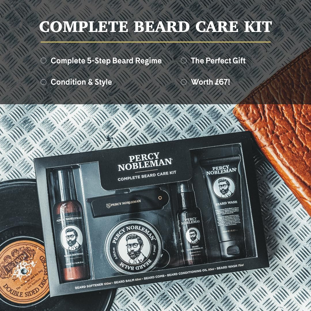 Percy Nobleman – Kit Complet Soin Barbe – Adoucissant, Huile, Baume, Shampoing & Peigne Pliable – Coffret Idéal Pour Homme